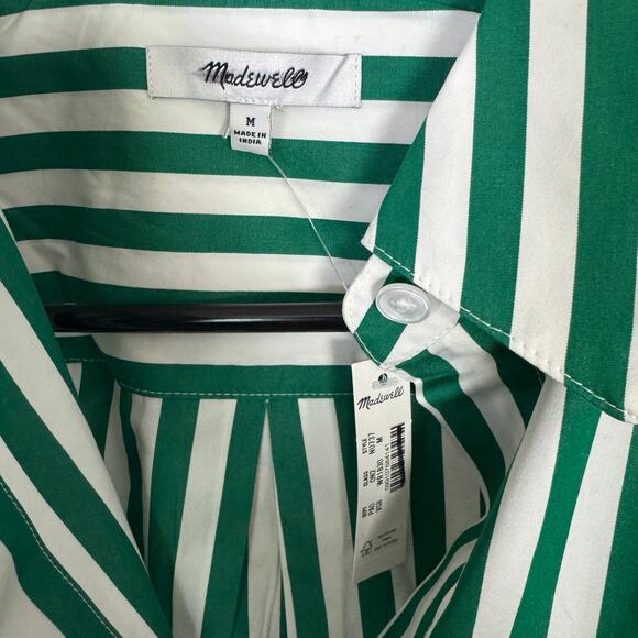 Madewell Poplin Easy Y-Neck Button-Up Shirt WMNS M Green White Striped NU737 LS - Picture 5 of 9